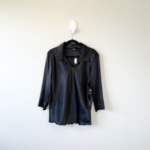 Express Satin V Neck Blouse 3/4 Sleeve Collared Lettuce Hem Black Medium NWT’s